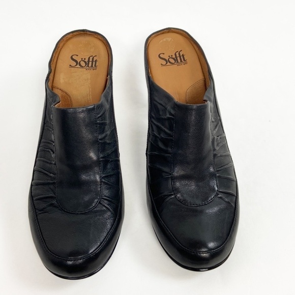 Sofft Leather Ruched Black Slip On Mules Closed Toe Heels Open Back Pumps - Picture 3 of 16